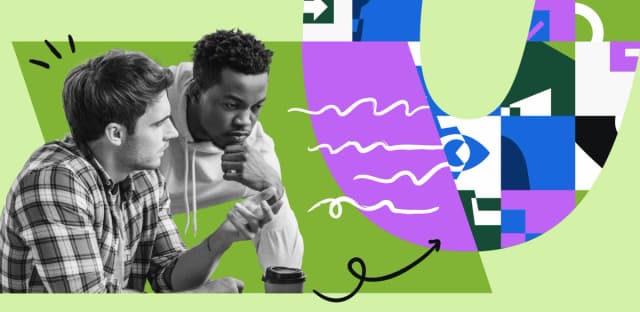 Two teammates collaborating, with abstract shapes and patterns representing creativity and innovation.