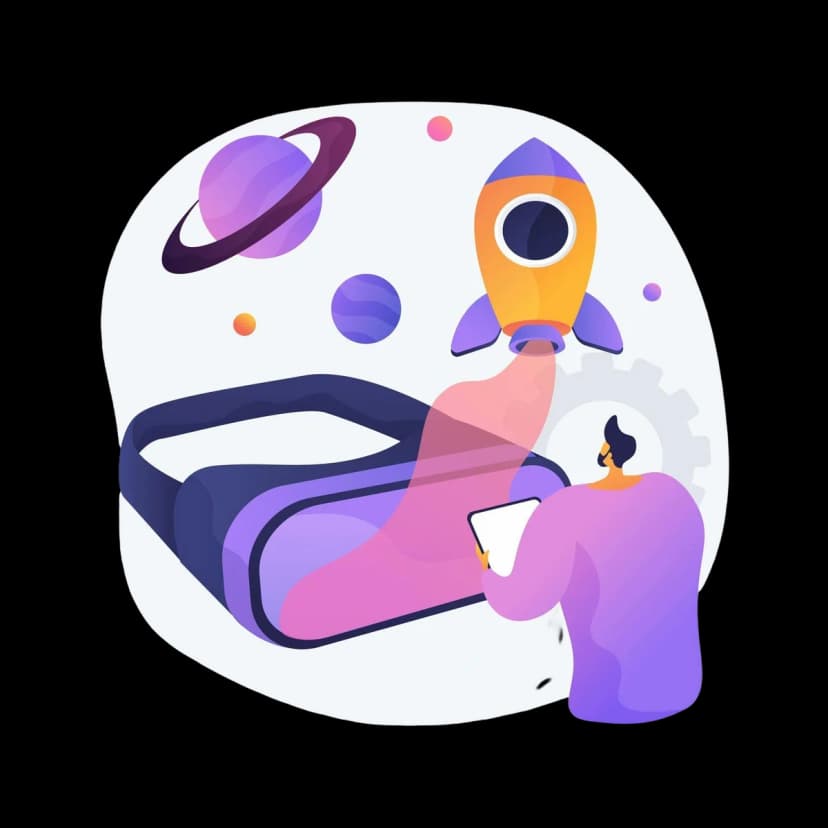 A person exploring a virtual world through VR glasses with planets and a rocket launching.