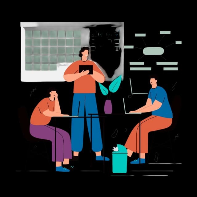 A team reviewing project plans and data on shared screens during a planning session.