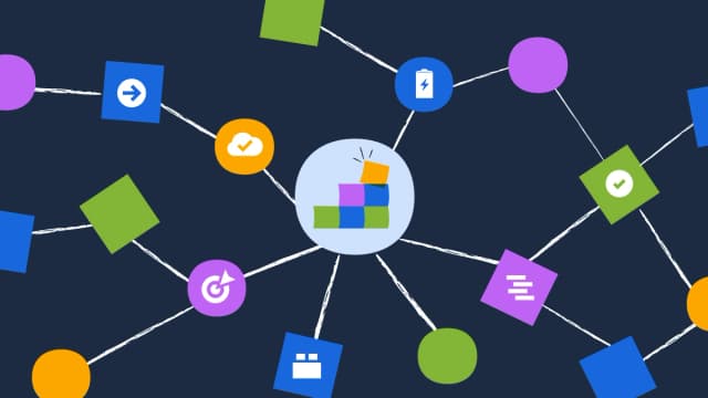 Illustration of interconnected icons and blocks representing asset relationships and workflows in Jira Service Management.