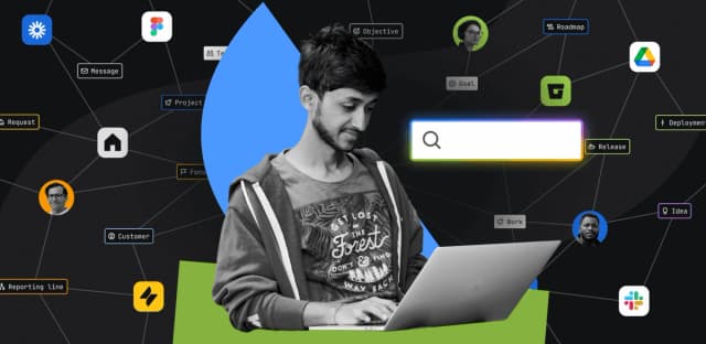 Person using a laptop surrounded by connected app icons and data labels, symbolizing unified search across tools.