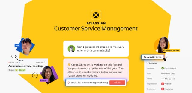 Atlassian Customer Service Management banner highlighting dev, product, and support collaboration.