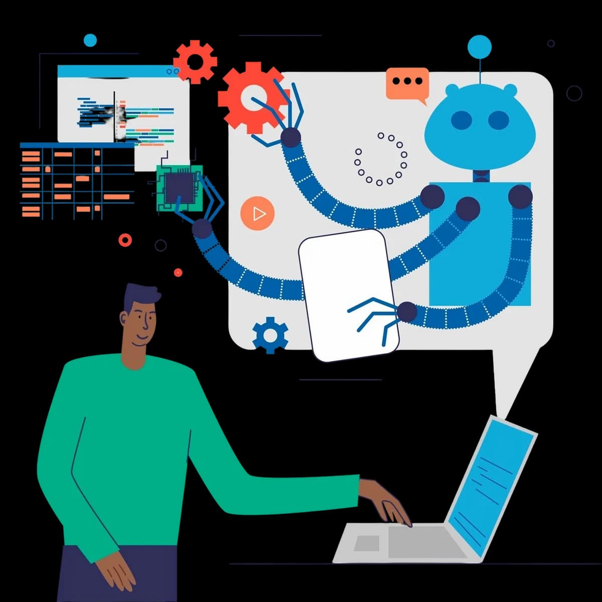 Illustration of developer coding on laptop with programming icons and screen interface illustration.