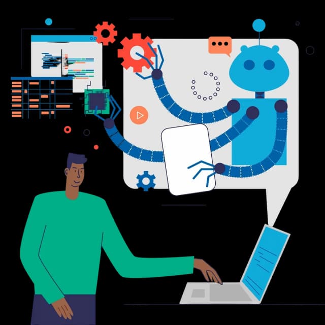 Illustration of developer coding on laptop with programming icons and screen interface illustration.