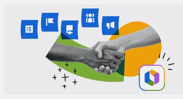 Two hands shaking in partnership, with Atlassian-style icons above them and a colorful abstract background.