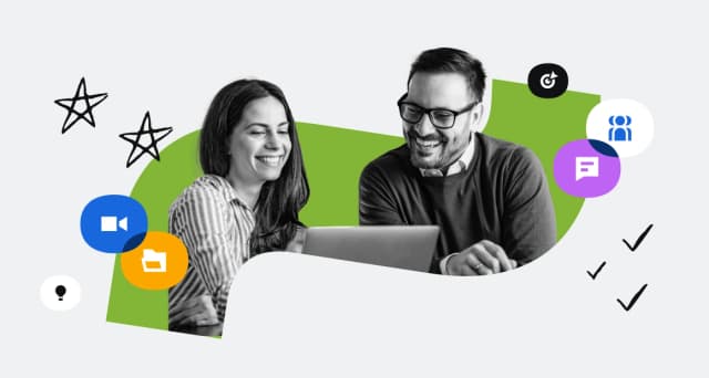 Two coworkers smiling while collaborating on a laptop, surrounded by icons for video, chat, and teamwork.