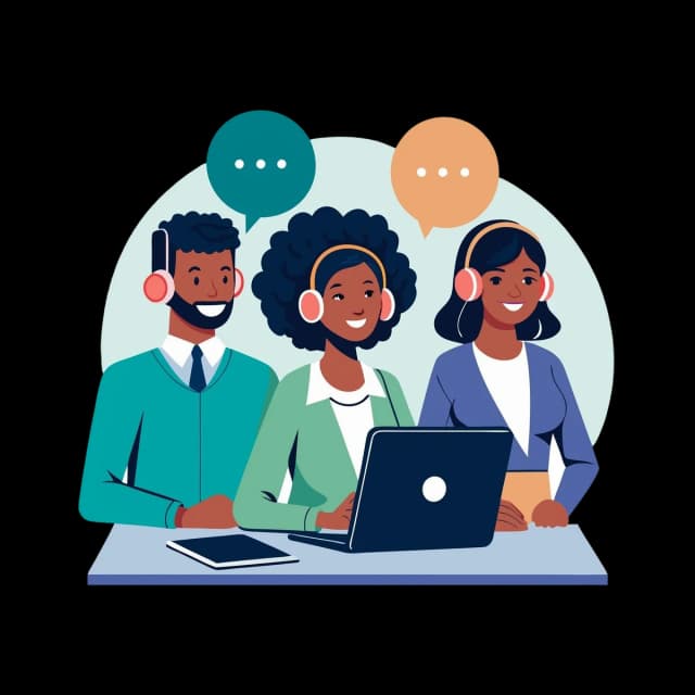 Diverse customer support team wearing headsets collaborating at a laptop.