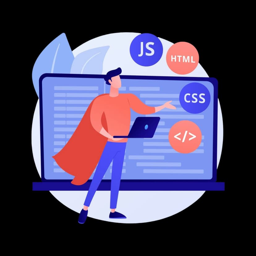 Illustration of a developer with a cape holding a laptop, with HTML, CSS, and JavaScript icons above a large screen of code.