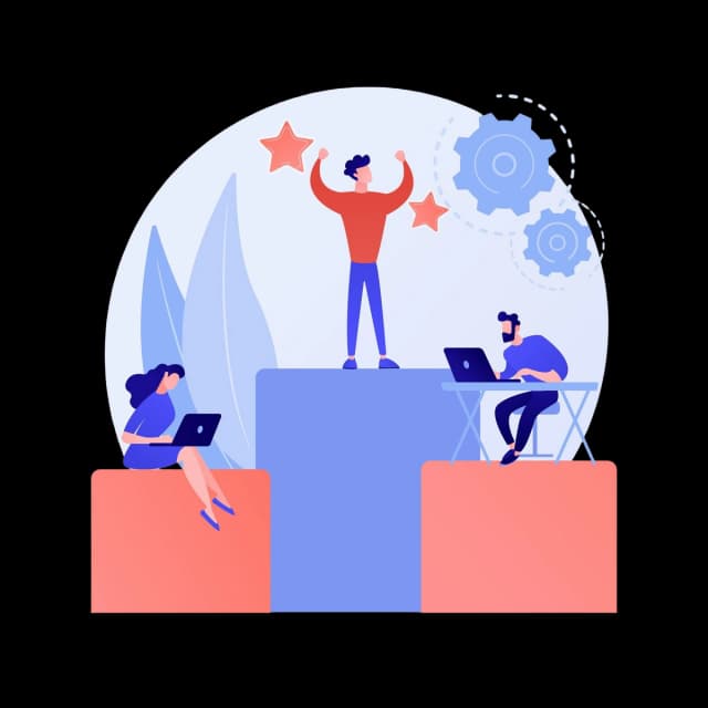 Illustration of team members working on laptops with a leader standing on a podium, symbolizing team success and collaboration.