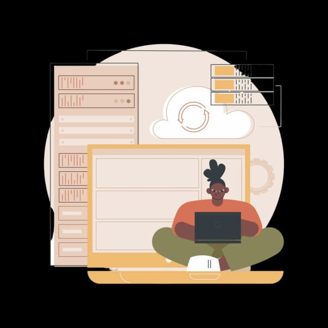 Developer sitting with laptop in front of cloud and server infrastructure.