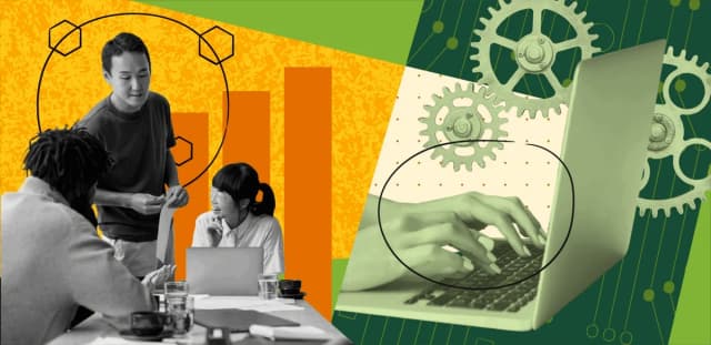 Collage of people in a meeting with laptops and papers, overlaid with bar graphs, gears, and hands typing on a keyboard.