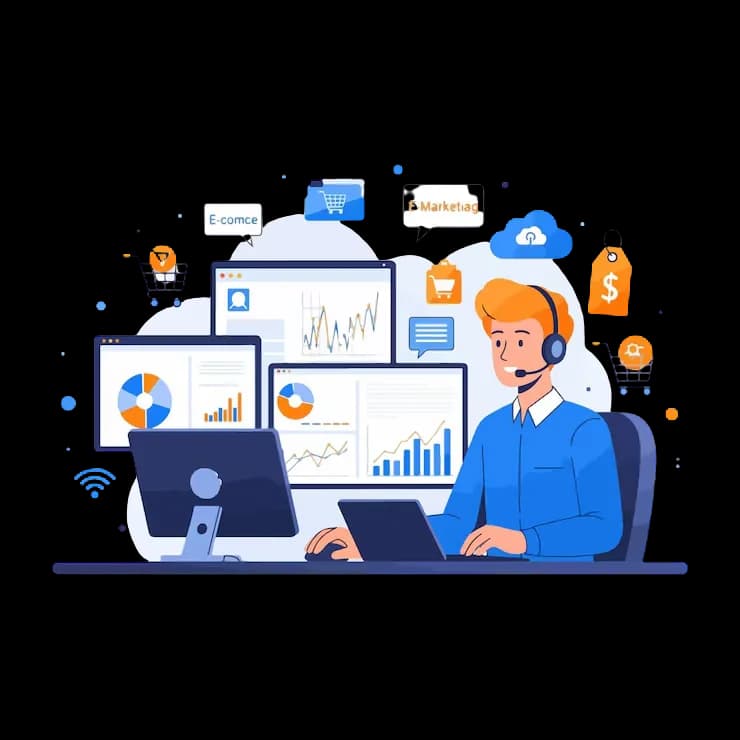 Customer service agent analyzing data across multiple screens