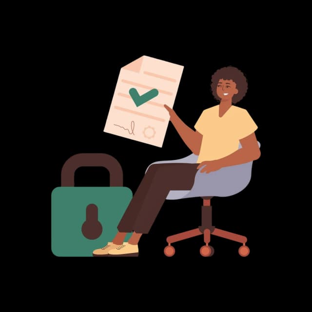 Illustration of a person holding an approved document beside a lock, representing secure access approval and governance.