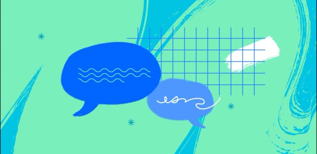 Abstract chat bubbles in blue over a teal background with grid and brushstroke patterns.