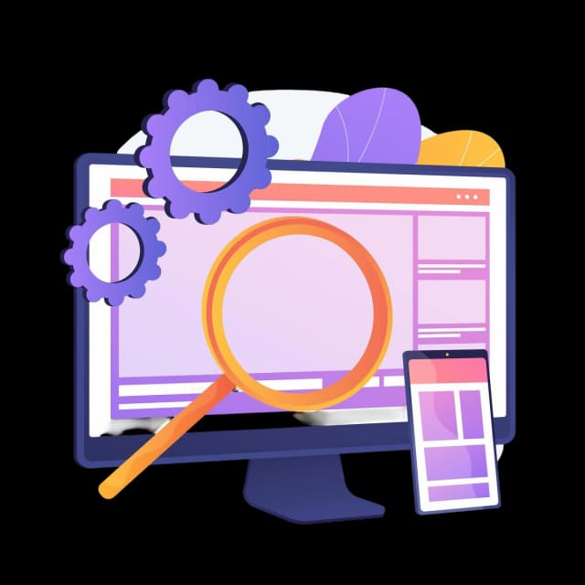 Monitor with gears and magnifying glass symbolizing website analysis, design, and responsive development.
