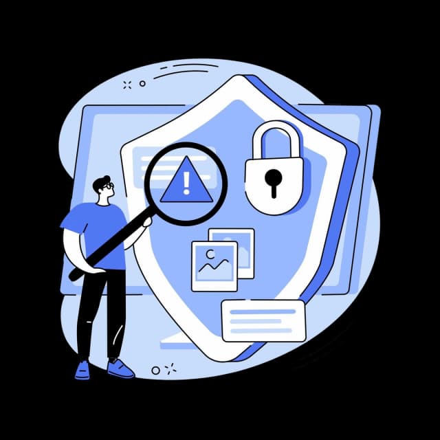 Person analyzing digital security alerts on a shield with a padlock and media icons.