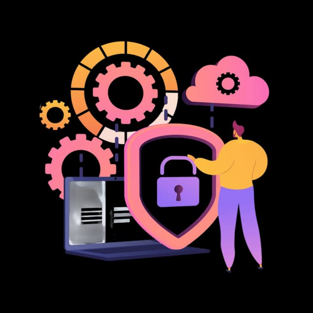 Person standing in front of a laptop, shield, and cloud with gears, symbolizing cloud security and data protection.