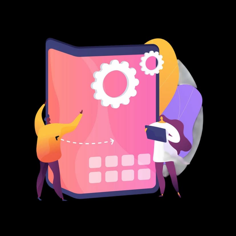 Two developers trying to inter-connect apps on a large interface screen.