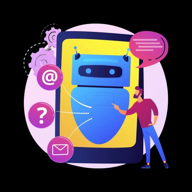Illustration of a person interacting with a large digital chatbot on a tablet, with icons for email, questions, and messaging around it.