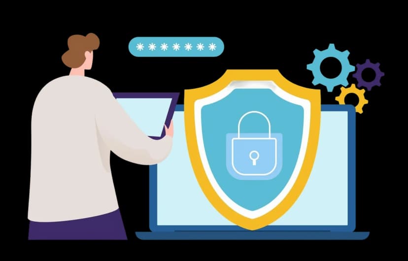 Person securing data on a laptop with a shield and lock icon.
