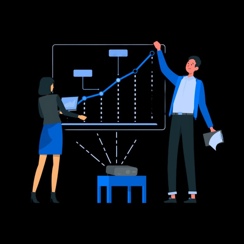 Two professionals presenting growth metrics on a projected analytics dashboard.