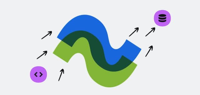 Abstract illustration of green and blue wave shapes with arrows pointing toward code and database icons, symbolizing data and development flow.