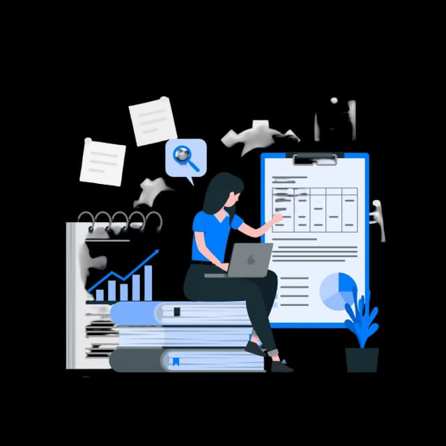 Illustration of a professional reviewing reports, charts, and analytics to evaluate performance and insights.