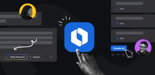 Illustration of Rovo Chat features with deep research and create tasks options integrated into teamwork tools.