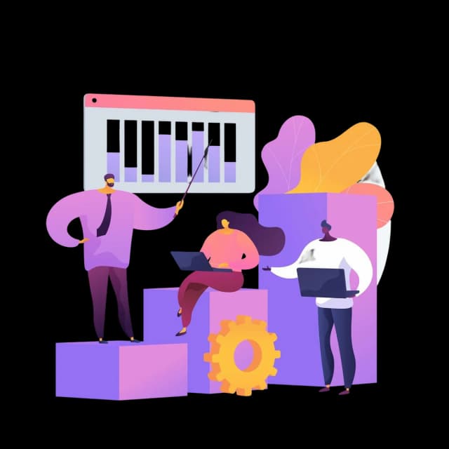 Team collaborating on laptops with bar chart and gear icon, illustrating data analysis and workflow optimization.