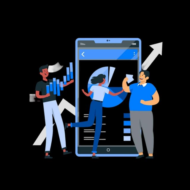 Team analyzing data visualizations on a large smartphone display.