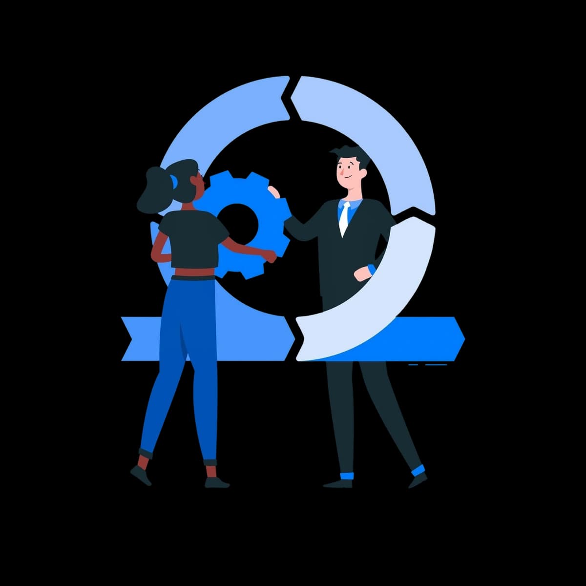 Two professionals collaborating with a gear inside an cycle diagram.