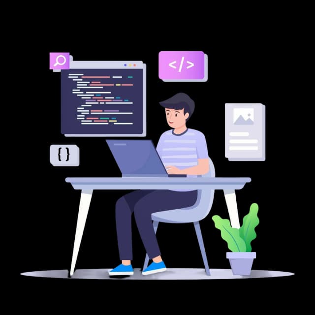 Illustration of a developer working on a laptop with code and tools displayed.
