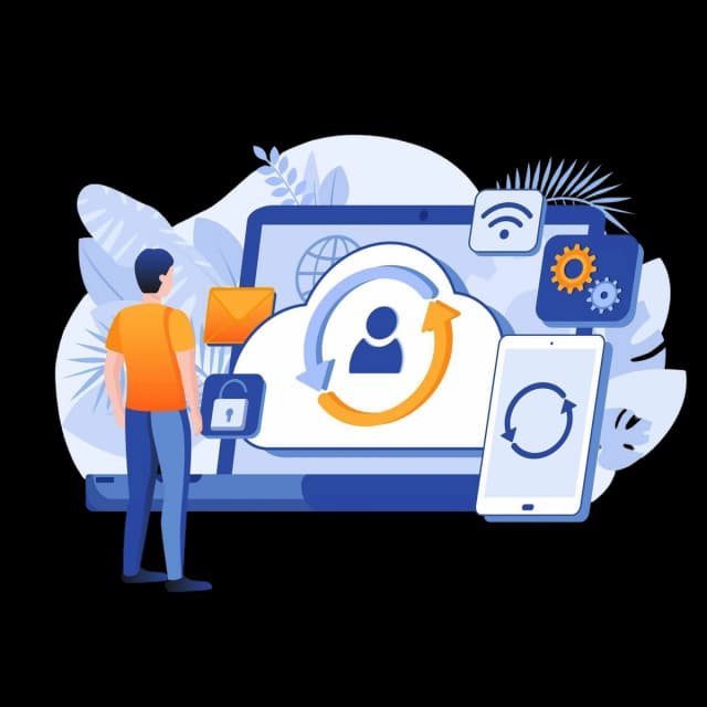 Person standing in front of a large screen displaying cloud synchronization between devices, with icons representing email, security, and settings.