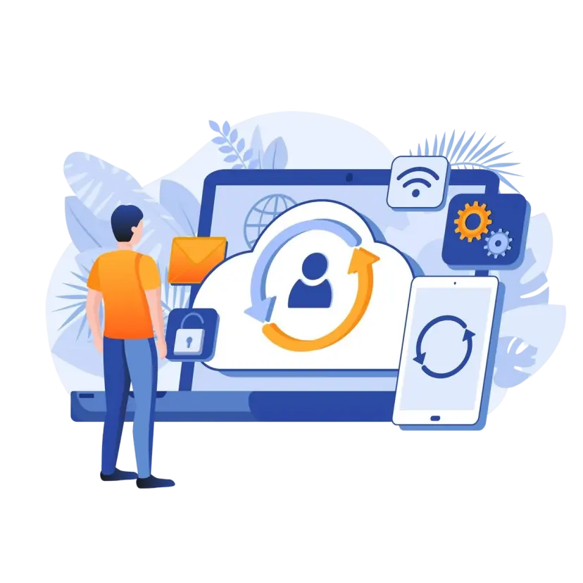 Person standing in front of a large screen displaying cloud synchronization between devices, with icons representing email, security, and settings.
