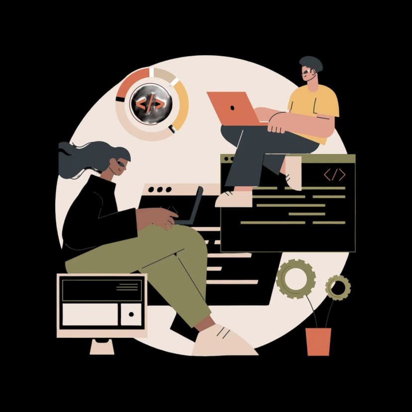 Two developers collaborating on code across multiple devices, representing a modern software development workflow.