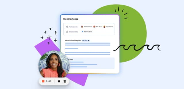 Meeting recap interface with avatars, video thumbnail, and abstract shapes.