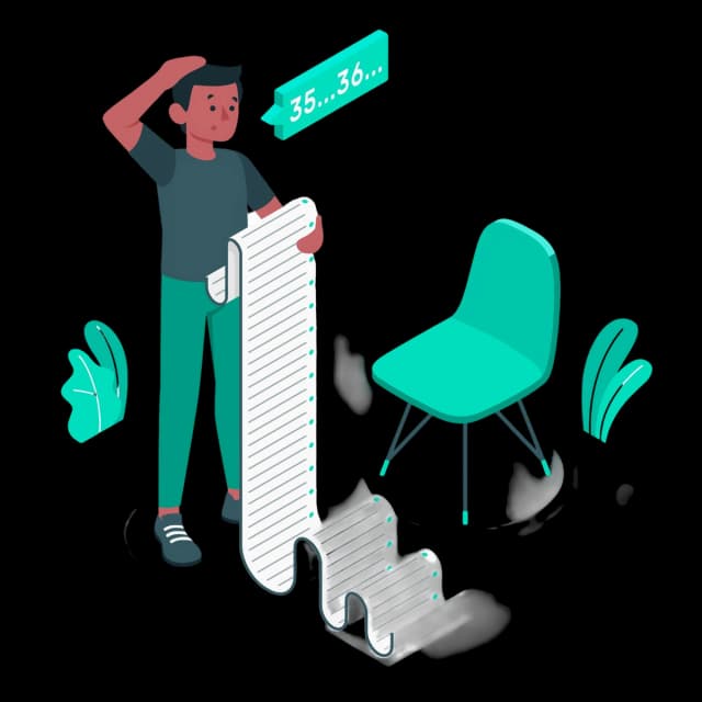 Person holding a long bill list and looking confused while counting items.