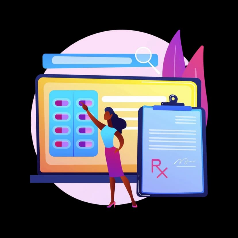 A person selecting digital pills on a large online prescription system screen with a clipboard beside her.