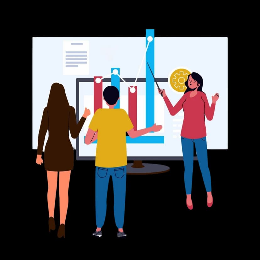 A team presenting and analyzing growth charts and performance metrics on a large screen.