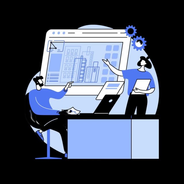 Illustration of two people collaborating at a desk, reviewing projects on a large computer screen.
