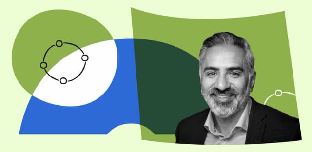 Portrait of a smiling business executive with abstract background shapes.