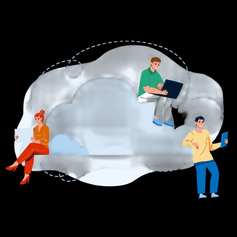 People working on devices connected via cloud network, symbolizing cloud collaboration.