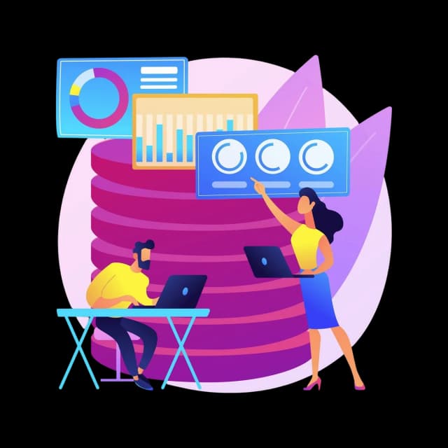 Two people using laptops with data charts and graphs displayed above large server stacks.