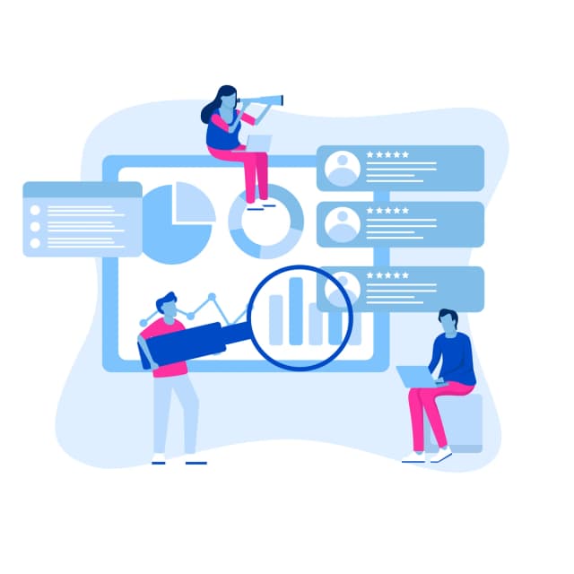 A stylized depiction of a data analysis concept with figures examining and interacting with charts and user profiles.