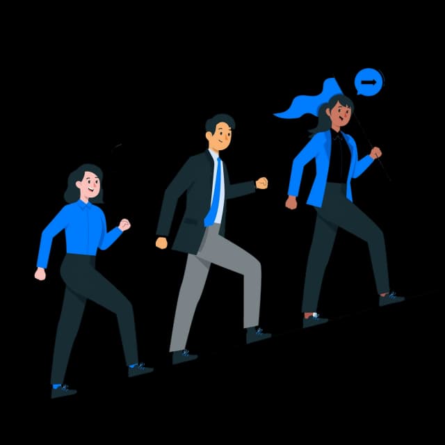 Team following a leader up a slope symbolizing guided progress.