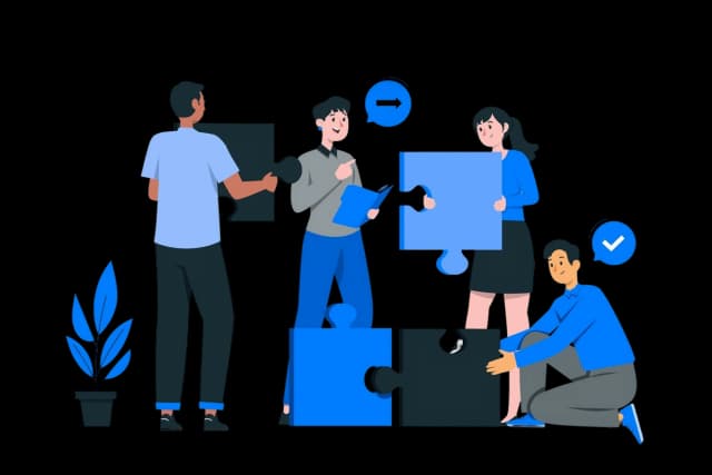 Illustration of four diverse team members collaboratively assembling large puzzle pieces, symbolizing teamwork and problem-solving.