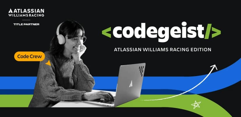 An illustration of a person wearing headphones using a laptop with Atlassian logo, alongside text promoting Codegeist Atlassian Williams Racing Edition.