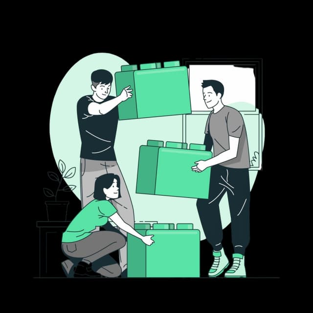 Illustration of two developers working on a large screen with coding symbols and UI elements, representing software development and collaboration.