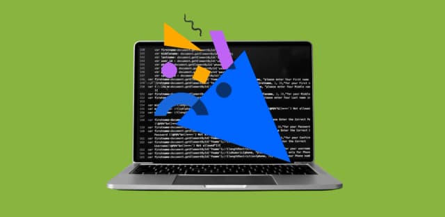 A laptop displaying lines of JavaScript code with a festive party popper graphic overlayed, symbolizing celebration in coding.