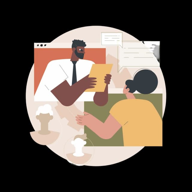 Person in a white shirt holding a guide talks to another person across a table, with speech bubbles and avatars in the background.